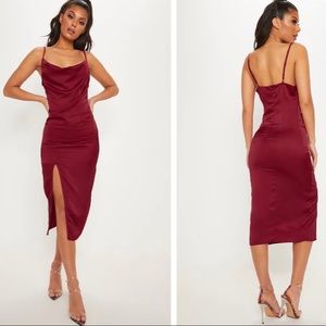 Burgundy Strappy Satin Cowl Midi Dress